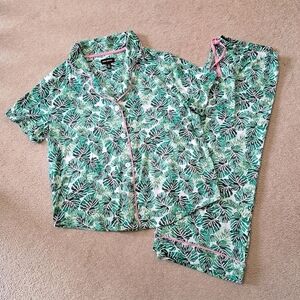 Room Service PJ Set 2 Piece Tropical Leaf Print Green White Pink Size Large Soft